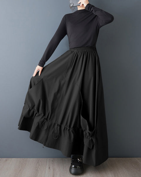 ellazhu Women's Gothic Cargo Maxi Skirt Elastic Waist Drawstring Loose A Line Oversized Casual Plus Size Streetwear GZ879