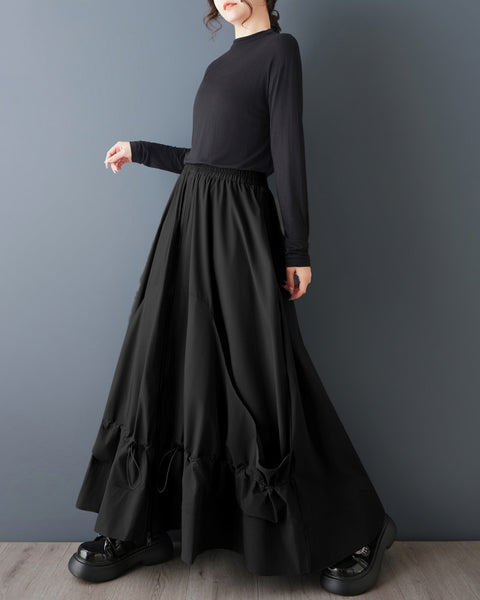 ellazhu Women's Gothic Cargo Maxi Skirt Elastic Waist Drawstring Loose A Line Oversized Casual Plus Size Streetwear GZ879