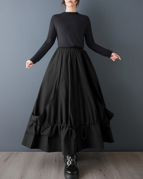 ellazhu Women's Gothic Cargo Maxi Skirt Elastic Waist Drawstring Loose A Line Oversized Casual Plus Size Streetwear GZ879
