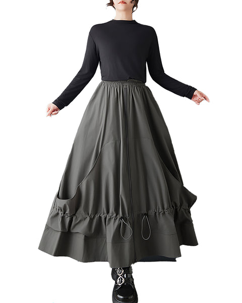 ellazhu Women's Gothic Cargo Maxi Skirt Elastic Waist Drawstring Loose A Line Oversized Casual Plus Size Streetwear GZ879