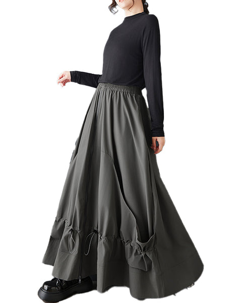 ellazhu Women's Gothic Cargo Maxi Skirt Elastic Waist Drawstring Loose A Line Oversized Casual Plus Size Streetwear GZ879