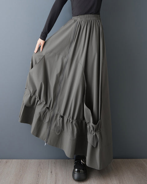 ellazhu Women's Gothic Cargo Maxi Skirt Elastic Waist Drawstring Loose A Line Oversized Casual Plus Size Streetwear GZ879