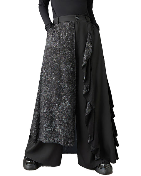 ellazhu Women's Gothic Patchwork Skirt Pants Wide Leg Loose Irregular Layered Elastic Waist Plus Size Culottes GZ880
