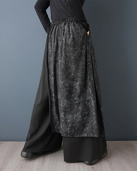ellazhu Women's Gothic Patchwork Skirt Pants Wide Leg Loose Irregular Layered Elastic Waist Plus Size Culottes GZ880