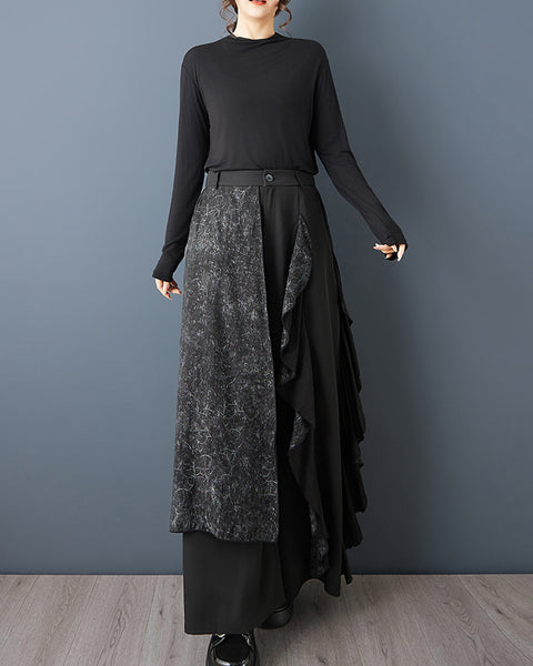 ellazhu Women's Gothic Patchwork Skirt Pants Wide Leg Loose Irregular Layered Elastic Waist Plus Size Culottes GZ880