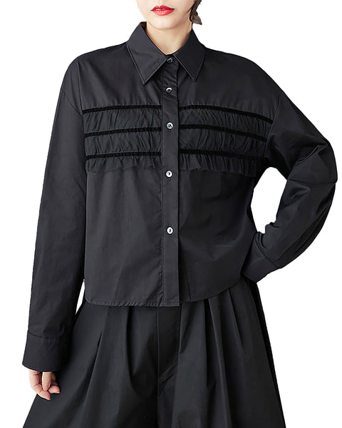 ellazhu Women's Pleated Oversized Shirt Polo Collar Button Down Top Loose Fit Casual Fashion GZ881
