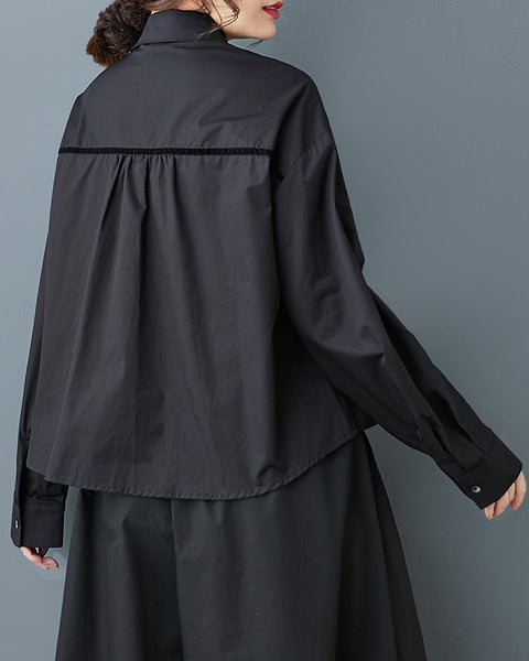 ellazhu Women's Pleated Oversized Shirt Polo Collar Button Down Top Loose Fit Casual Fashion GZ881
