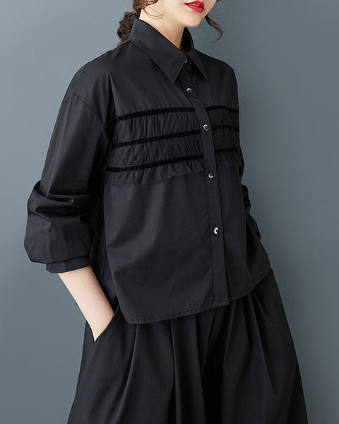 ellazhu Women's Pleated Oversized Shirt Polo Collar Button Down Top Loose Fit Casual Fashion GZ881