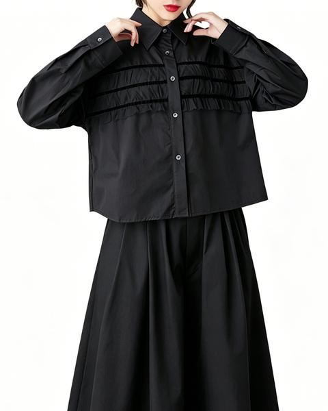 ellazhu Women's Pleated Oversized Shirt Polo Collar Button Down Top Loose Fit Casual Fashion GZ881