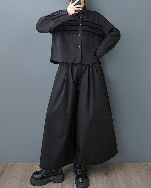 ellazhu Women's Pleated Oversized Shirt Polo Collar Button Down Top Loose Fit Casual Fashion GZ881