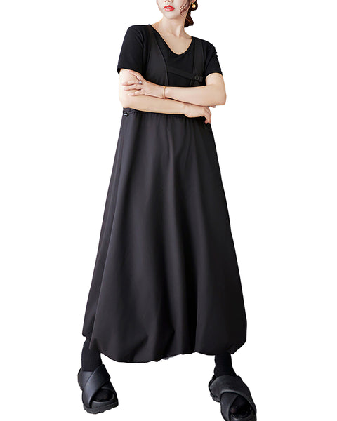 ellazhu Women's Suspender Dress V Neck Adjustable Strap Pleated Midi Dress Loose Plus Size Bubble Hem Fashion GZ882