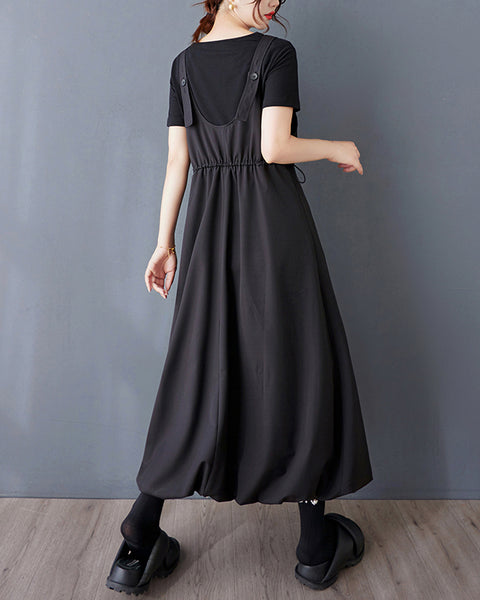 ellazhu Women's Suspender Dress V Neck Adjustable Strap Pleated Midi Dress Loose Plus Size Bubble Hem Fashion GZ882