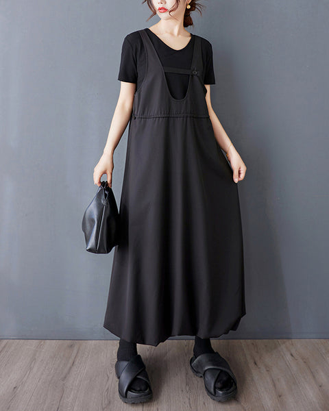 ellazhu Women's Suspender Dress V Neck Adjustable Strap Pleated Midi Dress Loose Plus Size Bubble Hem Fashion GZ882