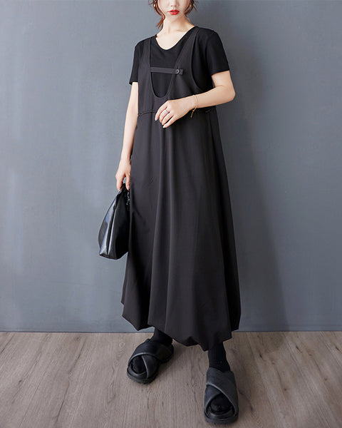 ellazhu Women's Suspender Dress V Neck Adjustable Strap Pleated Midi Dress Loose Plus Size Bubble Hem Fashion GZ882