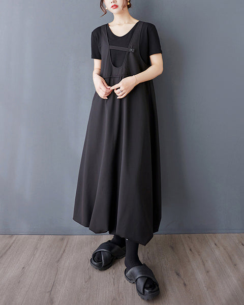ellazhu Women's Suspender Dress V Neck Adjustable Strap Pleated Midi Dress Loose Plus Size Bubble Hem Fashion GZ882