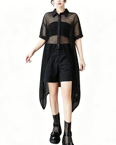 ellazhu Women's Mesh Shirt Dress Sheer Hollow Out Asymmetrical Hem Button Down Short Lapel Collar Loose Long Top GZ883