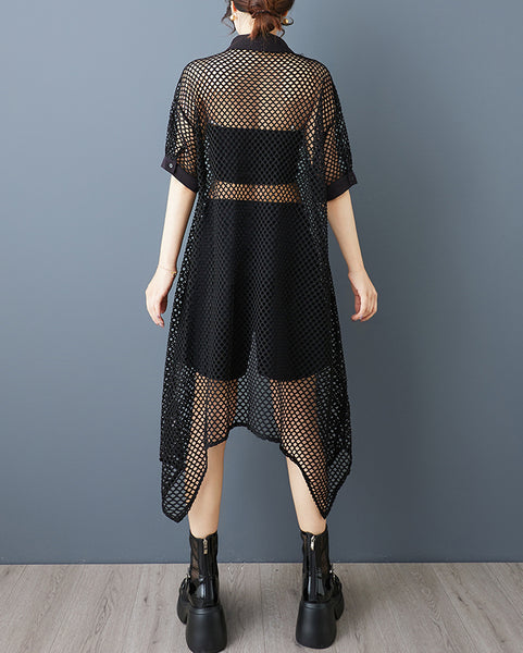 ellazhu Women's Mesh Shirt Dress Sheer Hollow Out Asymmetrical Hem Button Down Short Lapel Collar Loose Long Top GZ883
