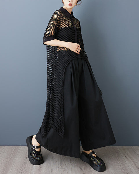 ellazhu Women's Mesh Shirt Dress Sheer Hollow Out Asymmetrical Hem Button Down Short Lapel Collar Loose Long Top GZ883