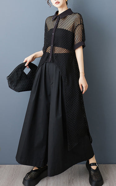 ellazhu Women's Mesh Shirt Dress Sheer Hollow Out Asymmetrical Hem Button Down Short Lapel Collar Loose Long Top GZ883