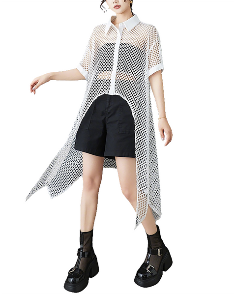 ellazhu Women's Mesh Shirt Dress Sheer Hollow Out Asymmetrical Hem Button Down Short Lapel Collar Loose Long Top GZ883