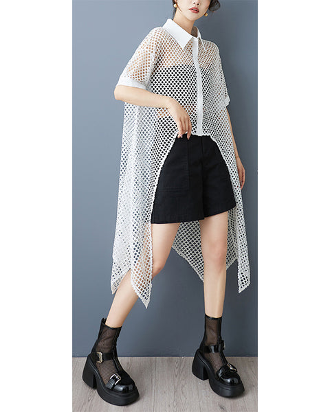 ellazhu Women's Mesh Shirt Dress Sheer Hollow Out Asymmetrical Hem Button Down Short Lapel Collar Loose Long Top GZ883