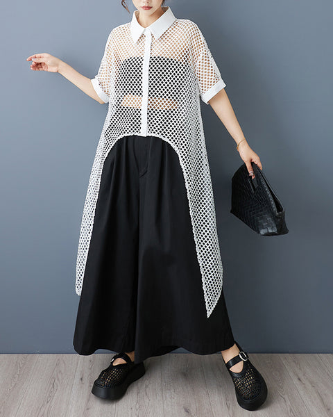 ellazhu Women's Mesh Shirt Dress Sheer Hollow Out Asymmetrical Hem Button Down Short Lapel Collar Loose Long Top GZ883
