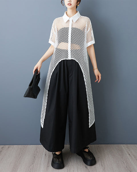 ellazhu Women's Mesh Shirt Dress Sheer Hollow Out Asymmetrical Hem Button Down Short Lapel Collar Loose Long Top GZ883