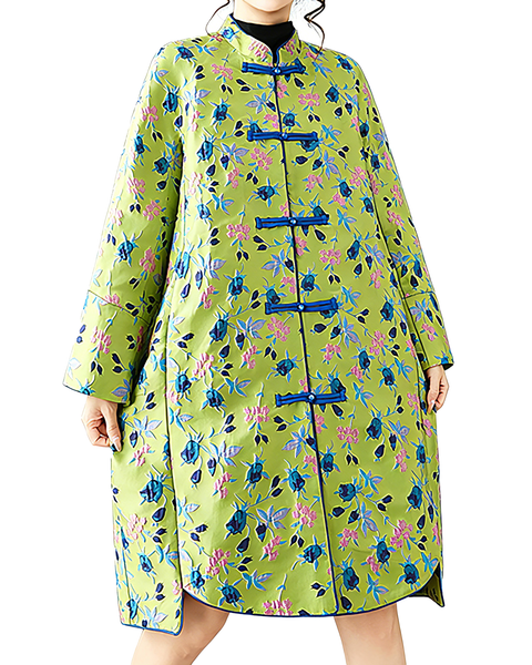 ellazhu Women's Green Jacquard Mid-Length Coat Chinese Style Frog Button Mandarin Collar Loose Plus Size Trench GZ884