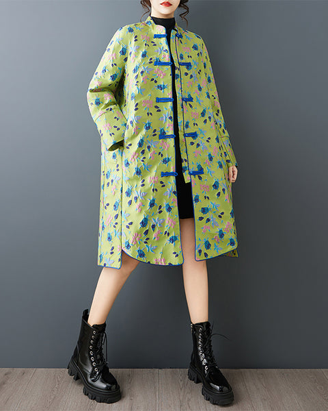 ellazhu Women's Green Jacquard Mid-Length Coat Chinese Style Frog Button Mandarin Collar Loose Plus Size Trench GZ884