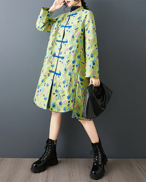 ellazhu Women's Green Jacquard Mid-Length Coat Chinese Style Frog Button Mandarin Collar Loose Plus Size Trench GZ884