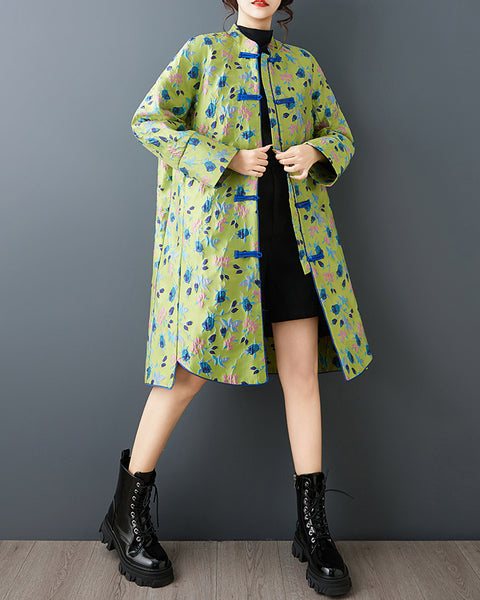 ellazhu Women's Green Jacquard Mid-Length Coat Chinese Style Frog Button Mandarin Collar Loose Plus Size Trench GZ884