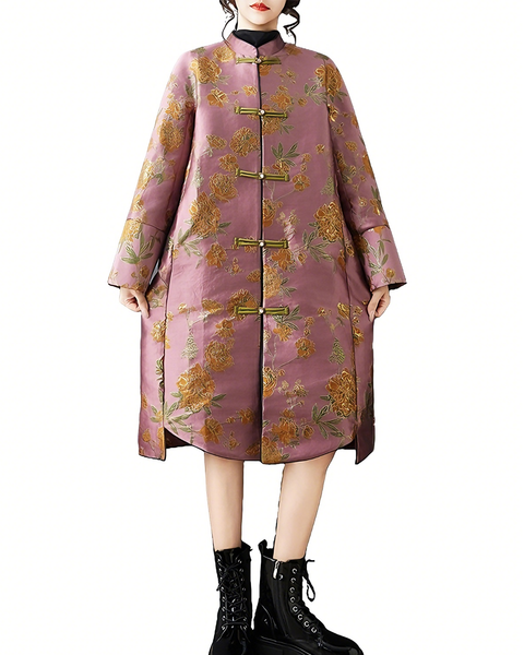 ellazhu Women's Pink Jacquard Coat Chinese Frog Button Mid Length Loose Oversized Plus Size Trench Elegant GZ885