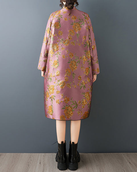 ellazhu Women's Pink Jacquard Coat Chinese Frog Button Mid Length Loose Oversized Plus Size Trench Elegant GZ885