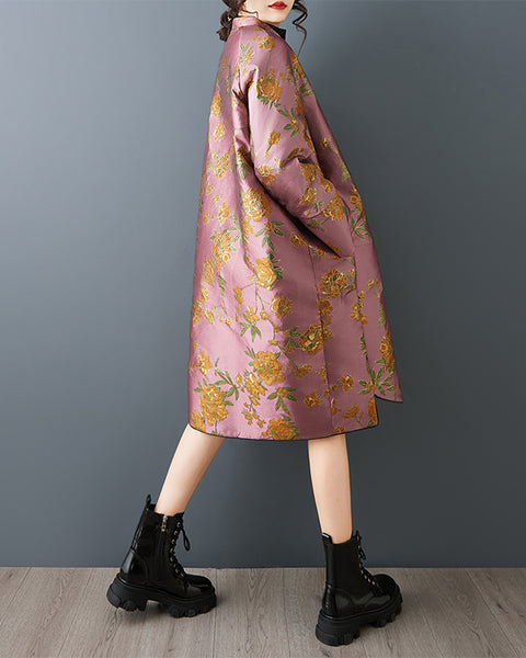 ellazhu Women's Pink Jacquard Coat Chinese Frog Button Mid Length Loose Oversized Plus Size Trench Elegant GZ885