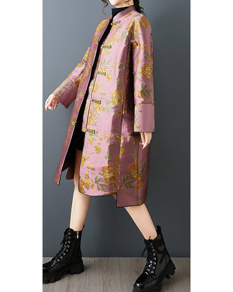 ellazhu Women's Pink Jacquard Coat Chinese Frog Button Mid Length Loose Oversized Plus Size Trench Elegant GZ885