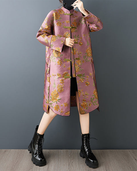 ellazhu Women's Pink Jacquard Coat Chinese Frog Button Mid Length Loose Oversized Plus Size Trench Elegant GZ885
