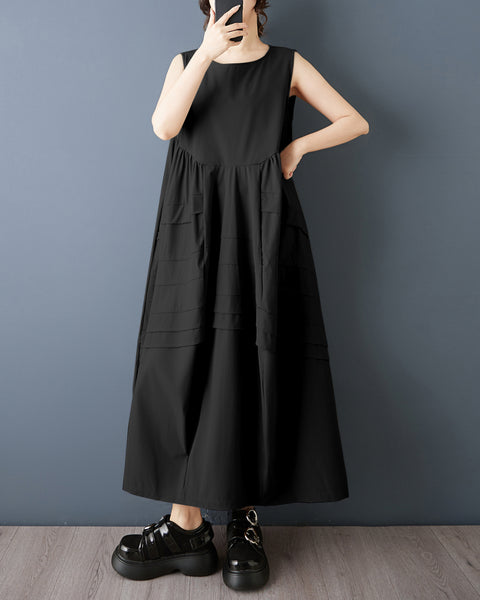 ellazhu Women's Sleeveless Maxi Dress Loose A Line Tank Dress Plus Size Patchwork Pocket Casual Oversized GZ886