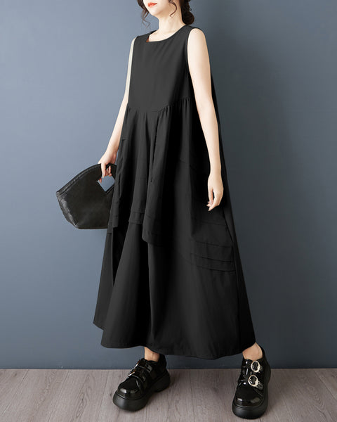 ellazhu Women's Sleeveless Maxi Dress Loose A Line Tank Dress Plus Size Patchwork Pocket Casual Oversized GZ886