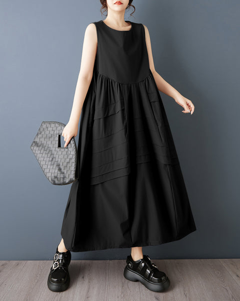 ellazhu Women's Sleeveless Maxi Dress Loose A Line Tank Dress Plus Size Patchwork Pocket Casual Oversized GZ886