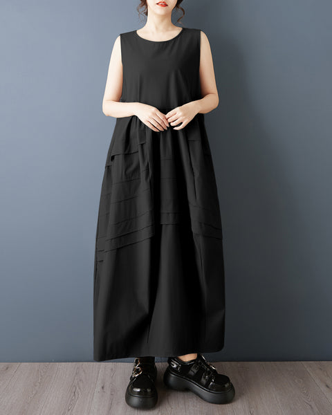 ellazhu Women's Sleeveless Maxi Dress Loose A Line Tank Dress Plus Size Patchwork Pocket Casual Oversized GZ886