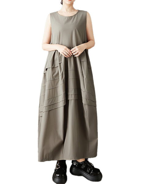 ellazhu Women's Sleeveless Maxi Dress Loose A Line Tank Dress Plus Size Patchwork Pocket Casual Oversized GZ886