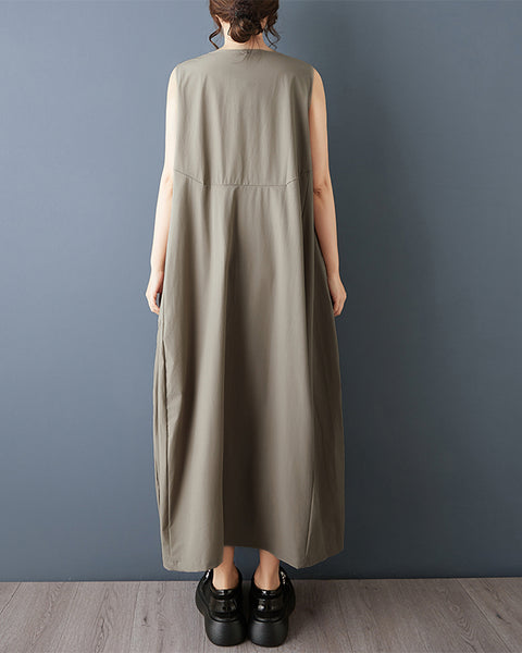 ellazhu Women's Sleeveless Maxi Dress Loose A Line Tank Dress Plus Size Patchwork Pocket Casual Oversized GZ886