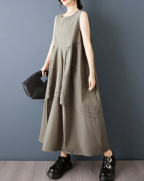ellazhu Women's Sleeveless Maxi Dress Loose A Line Tank Dress Plus Size Patchwork Pocket Casual Oversized GZ886
