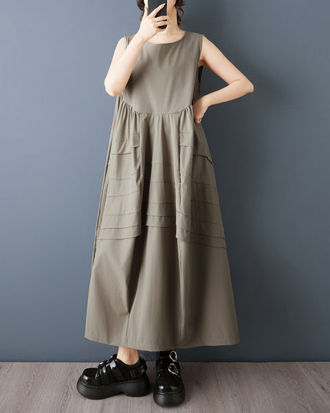 ellazhu Women's Sleeveless Maxi Dress Loose A Line Tank Dress Plus Size Patchwork Pocket Casual Oversized GZ886