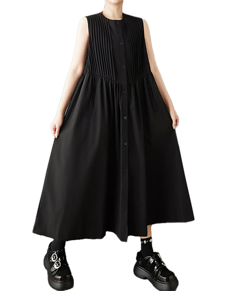 ellazhu Women's Sleeveless Shirt Dress Pleated Front Button Down Maxi Dress Loose A Line Plus Size Casual GZ887