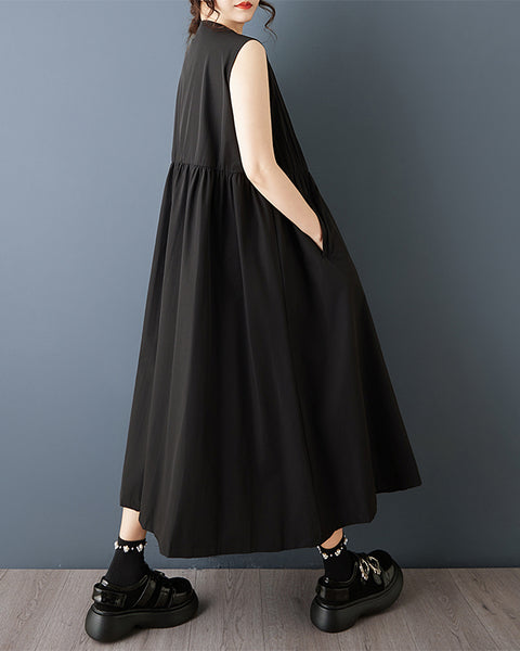 ellazhu Women's Sleeveless Shirt Dress Pleated Front Button Down Maxi Dress Loose A Line Plus Size Casual GZ887
