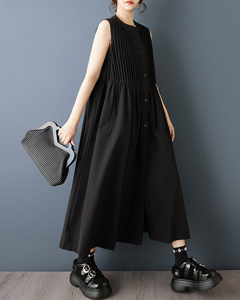 ellazhu Women's Sleeveless Shirt Dress Pleated Front Button Down Maxi Dress Loose A Line Plus Size Casual GZ887
