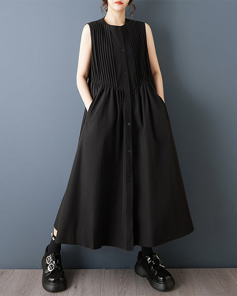 ellazhu Women's Sleeveless Shirt Dress Pleated Front Button Down Maxi Dress Loose A Line Plus Size Casual GZ887