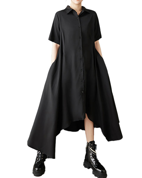 ellazhu Women's Asymmetrical Shirt Dress Loose Pleated Short Sleeve Button Down Maxi Plus Size Dark Gothic GZ888