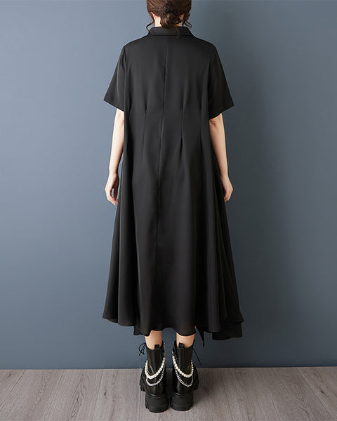 ellazhu Women's Asymmetrical Shirt Dress Loose Pleated Short Sleeve Button Down Maxi Plus Size Dark Gothic GZ888